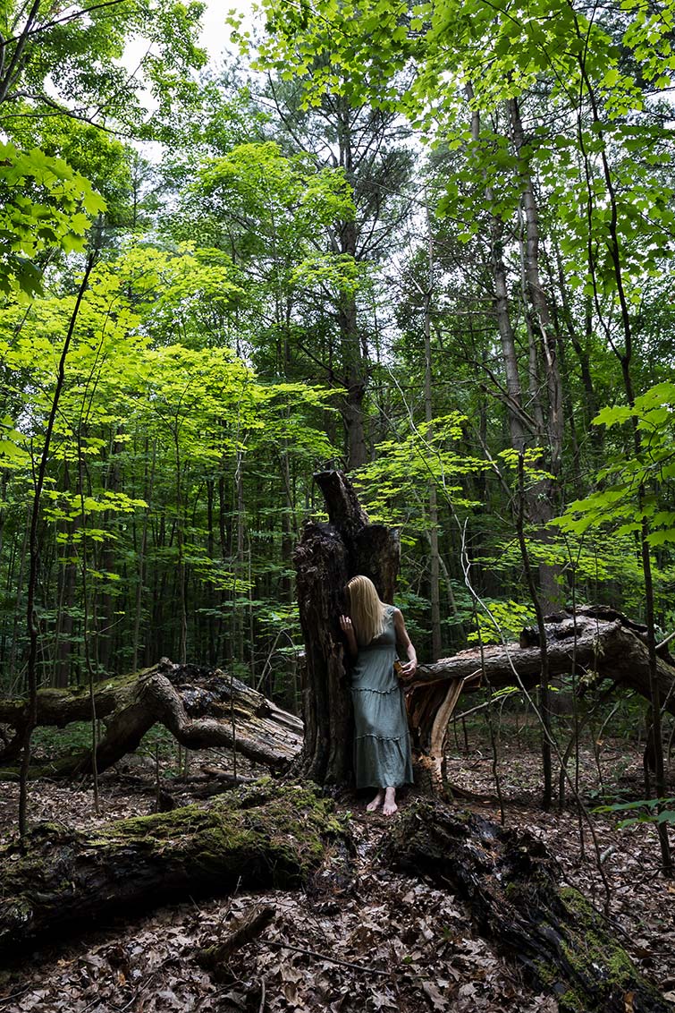Le Repos de la Guerrière - Le Patriarche - Woman nestled in a large hollow tree in the forest.