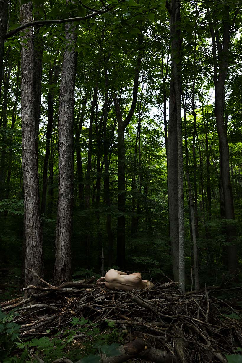 Le Repos de la Guerrière - Le Nid - Woman lying on a nest of branches in the forest.