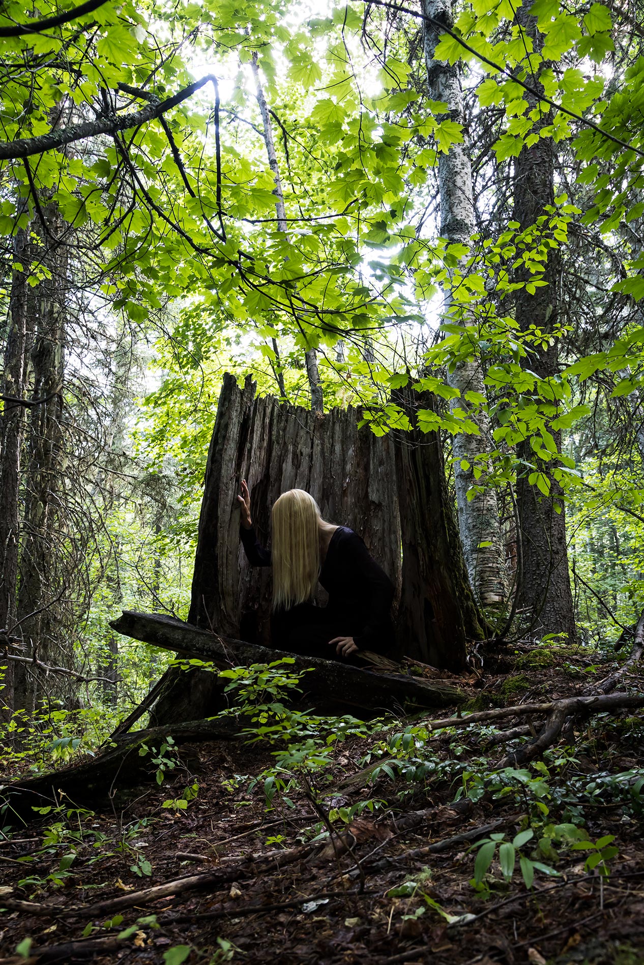 Le Repos de la Guerrière - Prayer - Woman kneeling in a hollow tree in a forest.